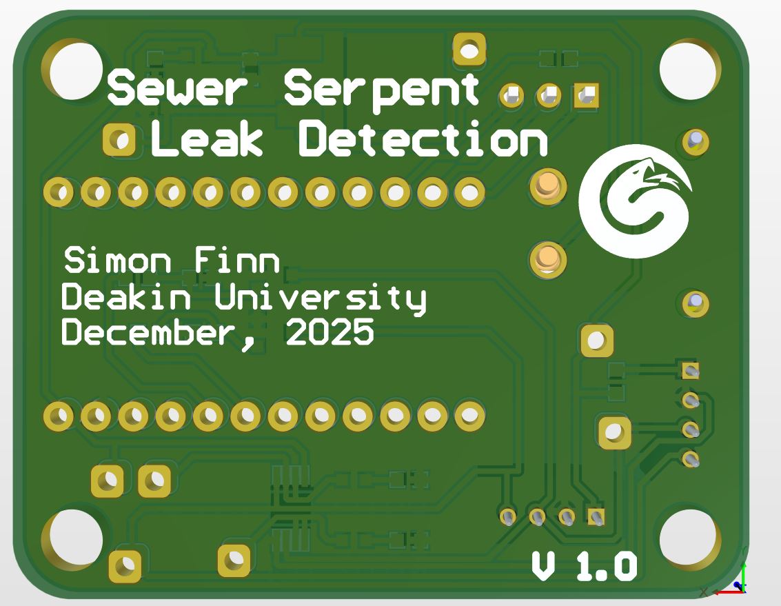 Rear side of the custom Sewer Serpent PCB showing project text and later wiring modifications